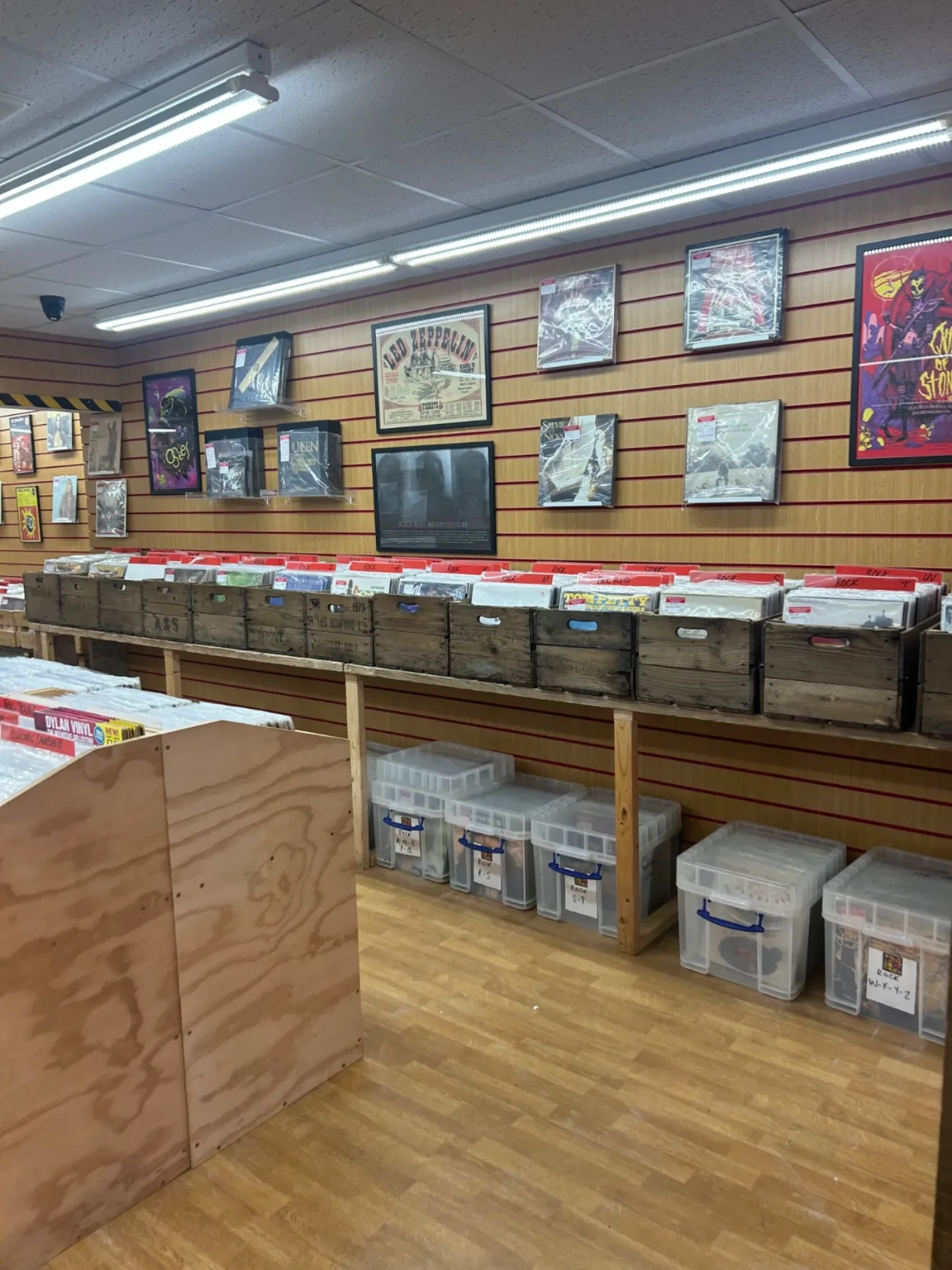 Long wall of records and framed sleeves in the shop