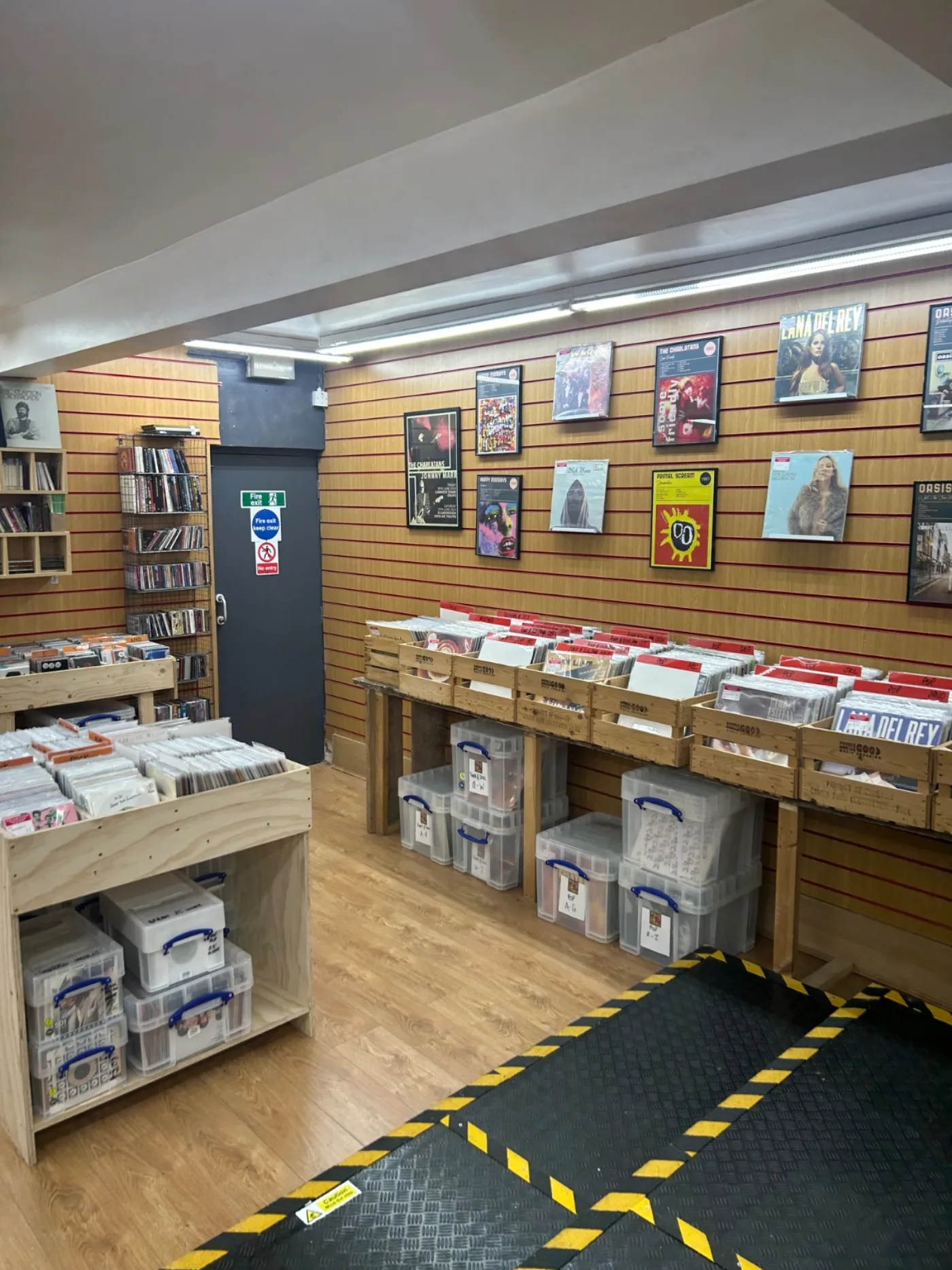 Rows of vinyl records beneath framed album displays