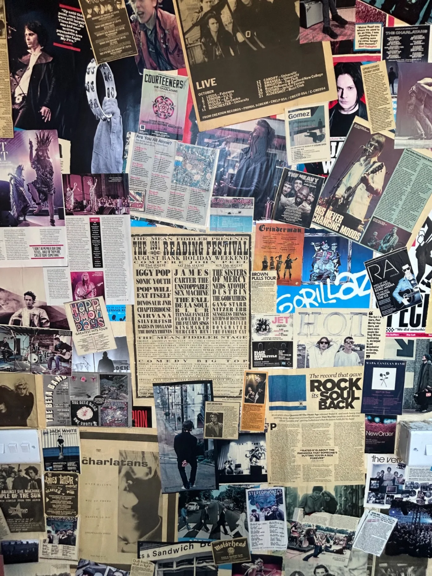 Close-up of the music press collage wall